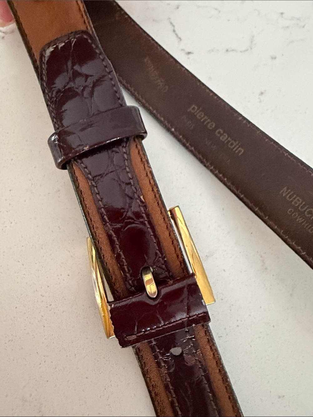 Pierre Cardin Women’s Croc-Embossed Brown Leather Belt with Gold Buckle